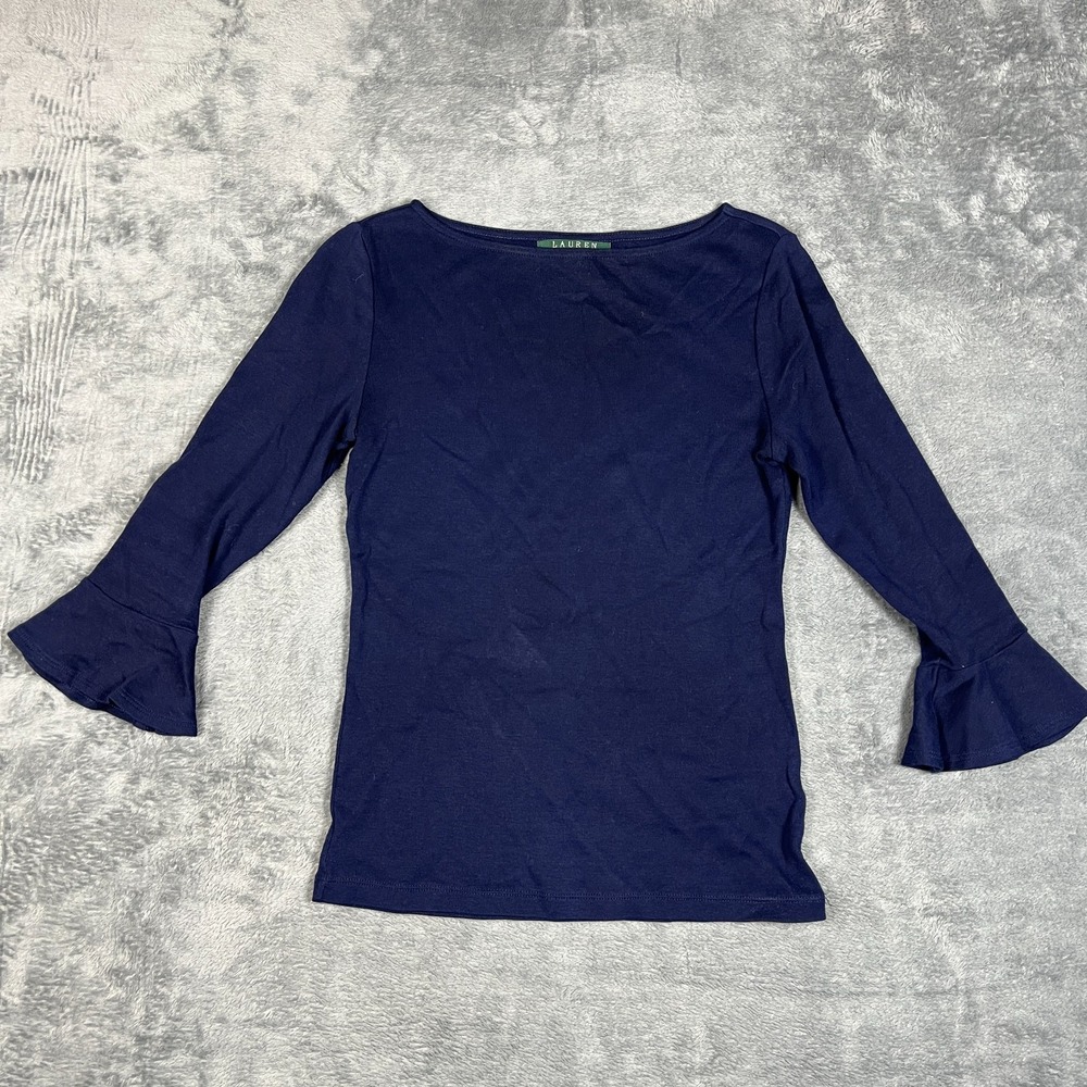 Lauren Ralph Lauren Blouse Womens PXS Navy Blue Cotton Boat Neck Flared Sleeve